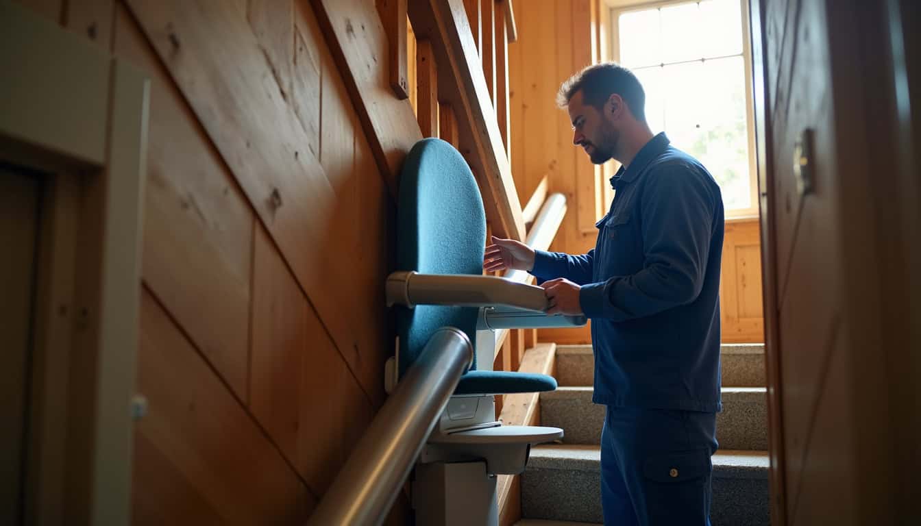Technicien vérifiant le bon fonctionnement d’un monte-escalier lors d’une visite d’entretien à Le Minihic-sur-Rance
