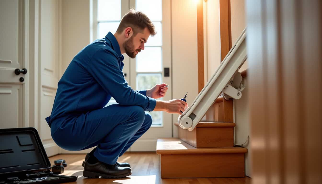 Technicien vérifiant le fonctionnement d’un monte-escalier à Meursault