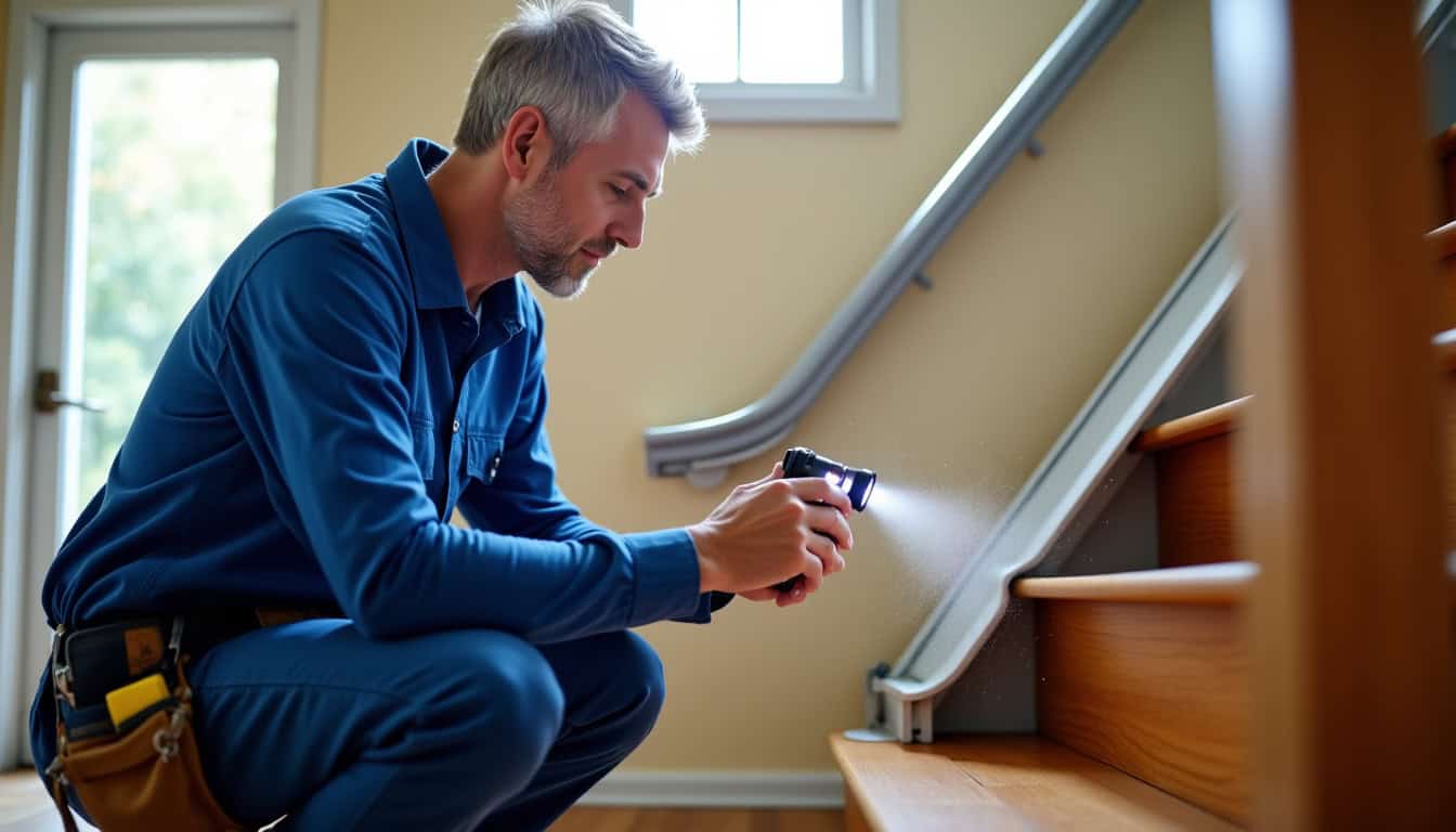Technicien vérifiant le fonctionnement d’un monte-escalier lors d’une visite d’entretien à Rocbaron