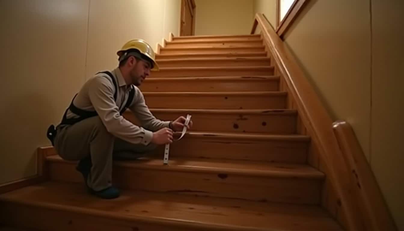 Technicien vérifiant les mesures d’un escalier avant installation