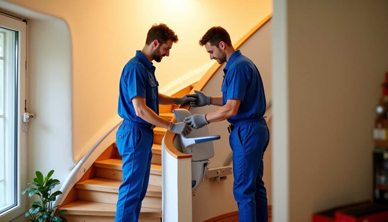 Techniciens installant un monte-escalier tournant dans une maison à Pleumeleuc
