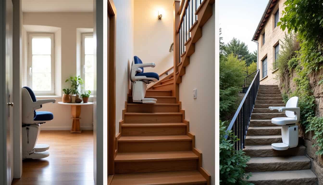 Types de monte-escaliers: droit, tournant et extérieur en situation réelle
