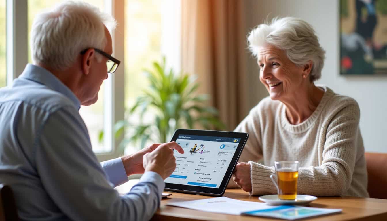 Un conseiller présente un devis détaillé sur une tablette à un couple âgé