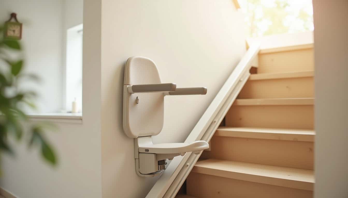Un monte-escalier replié pour laisser un passage libre sur l
