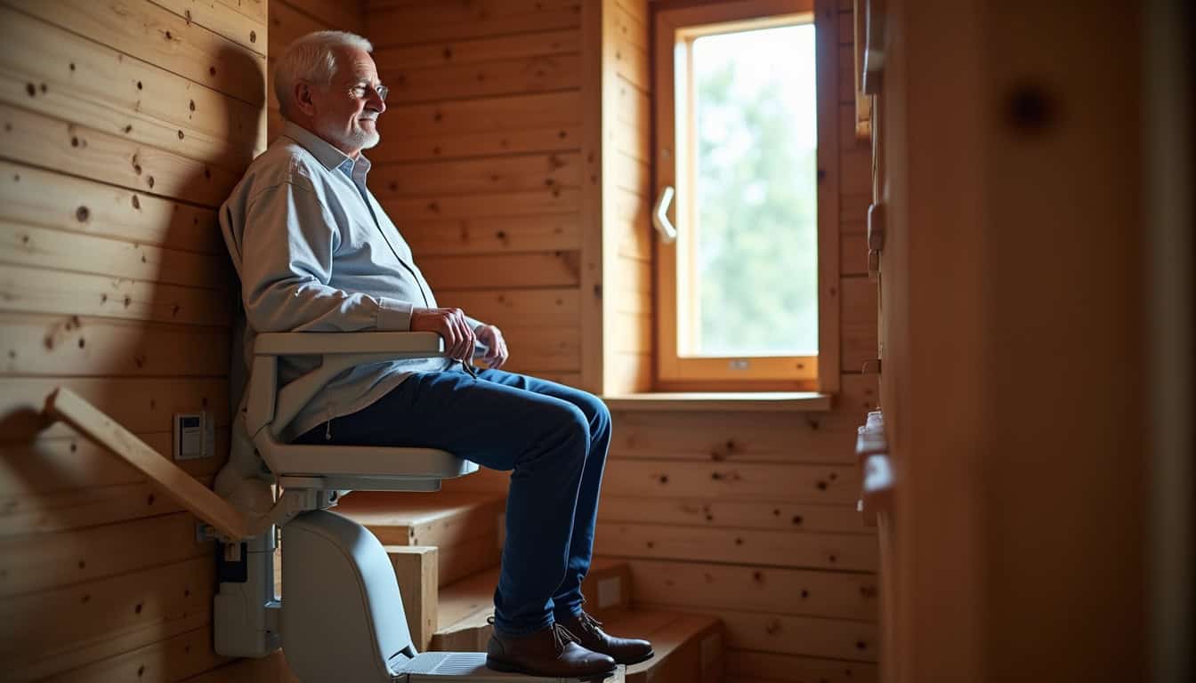 Un résident de Le Tholy utilise son monte-escalier en toute sécurité, assis confortablement sur le siège