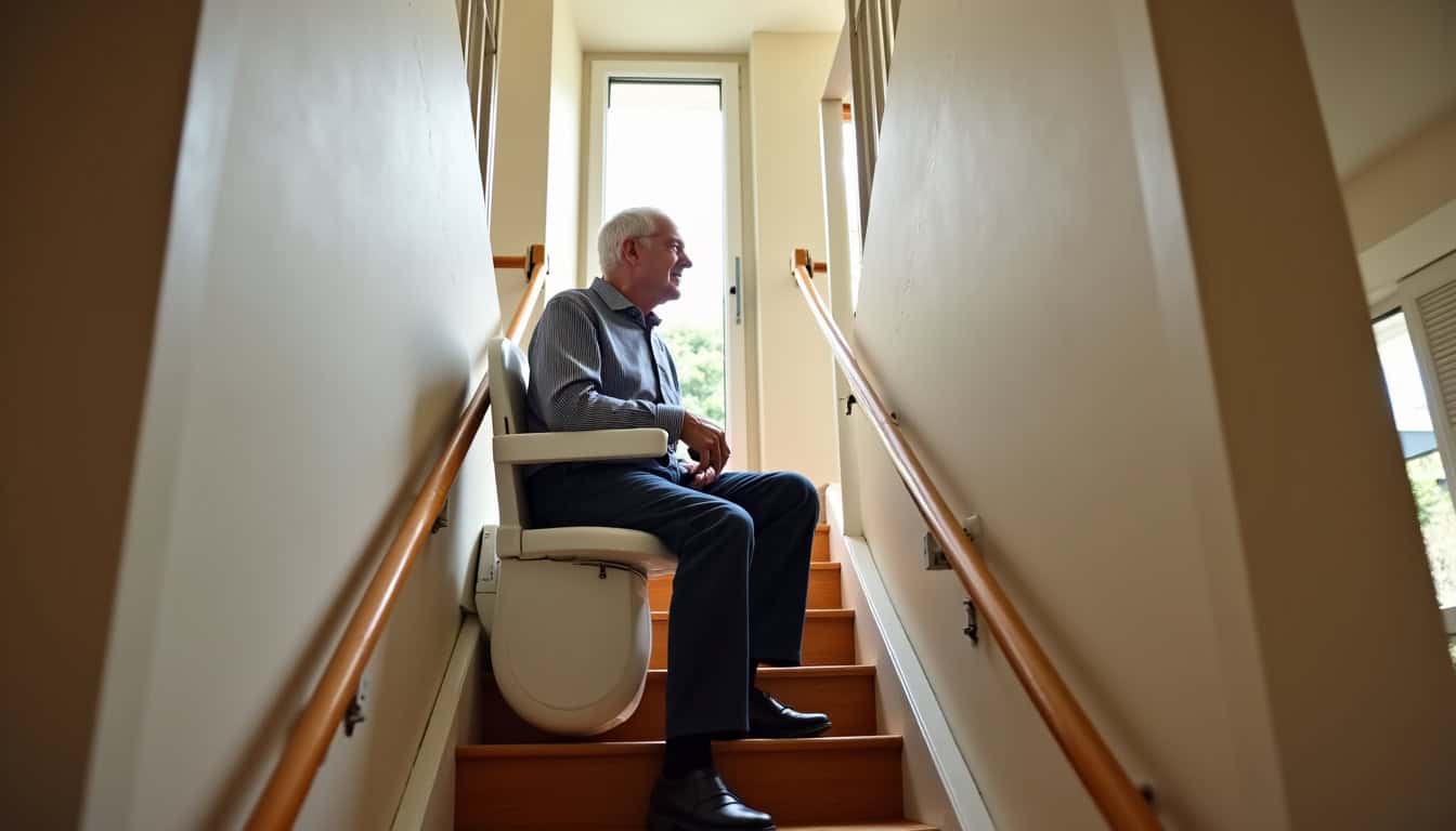 Un senior utilise un monte-escalier dans un escalier intérieur à Chalon-sur-Saône