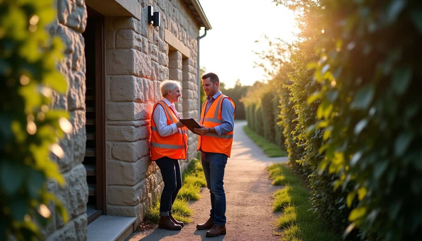 Un technicien discute avec un résident de Plounéour-Ménez après une visite technique pour un monte-escalier