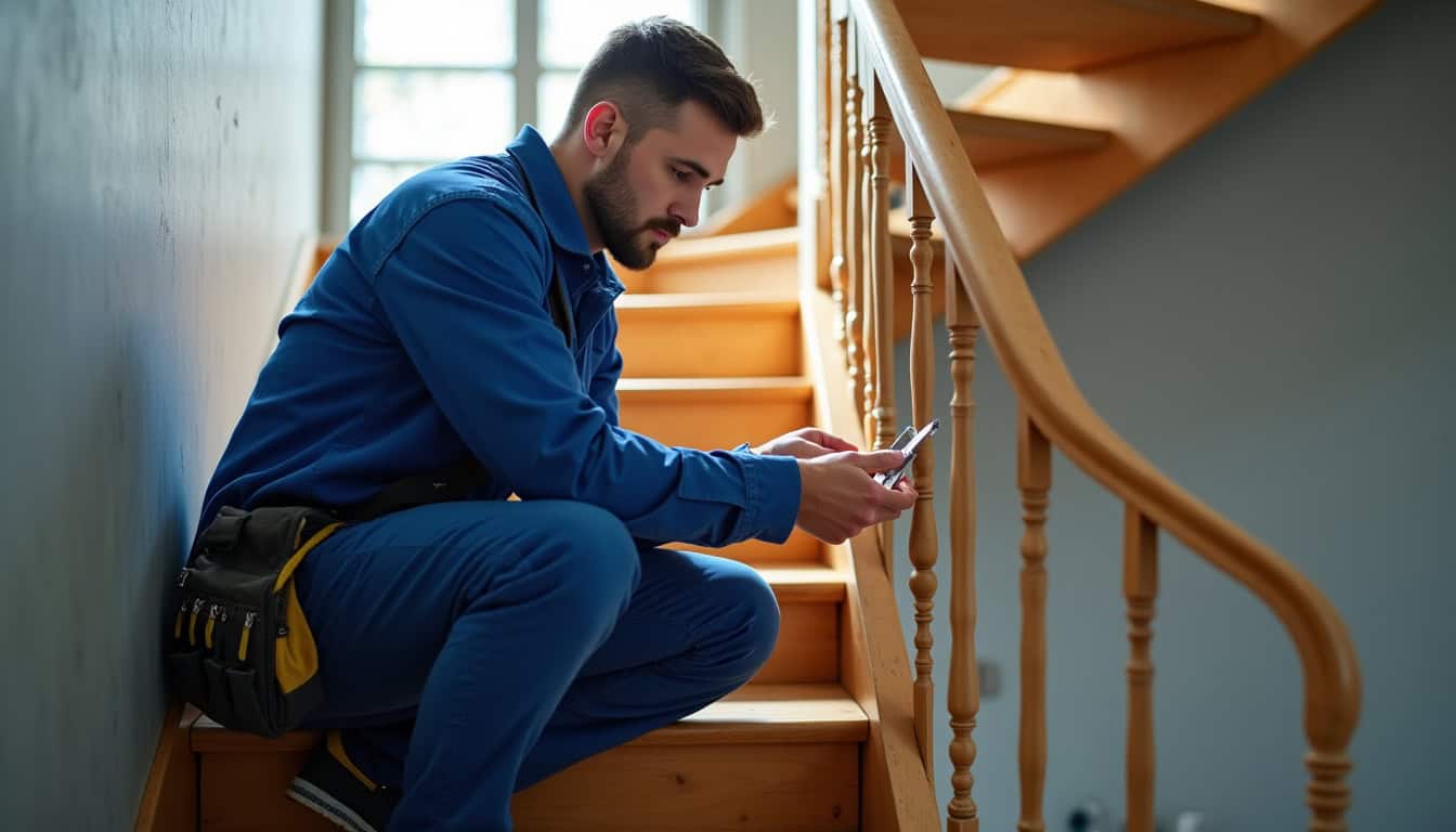 Un technicien effectue des mesures précises sur un escalier en colimaçon avant installation