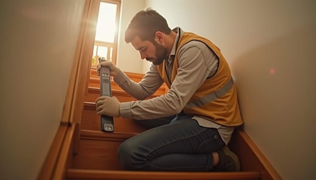 Un technicien effectue un diagnostic sur un escalier avant installation à Saint-Médard-d