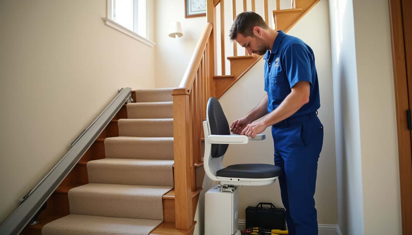 Un technicien effectue une maintenance préventive sur un monte-escalier en intérieur