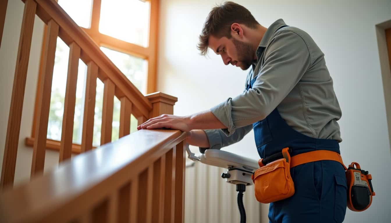 Un technicien en tenue de travail installant un monte-escalier, avec un rail en cours de fixation sur une rampe d’escalier