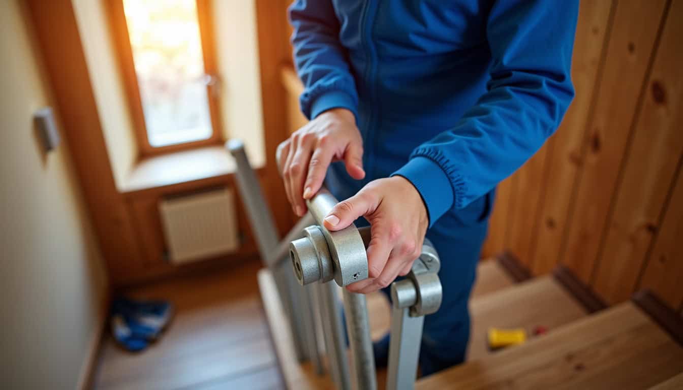 Un technicien en tenue de travail installant un monte-escalier dans une maison à Saint-Brieuc