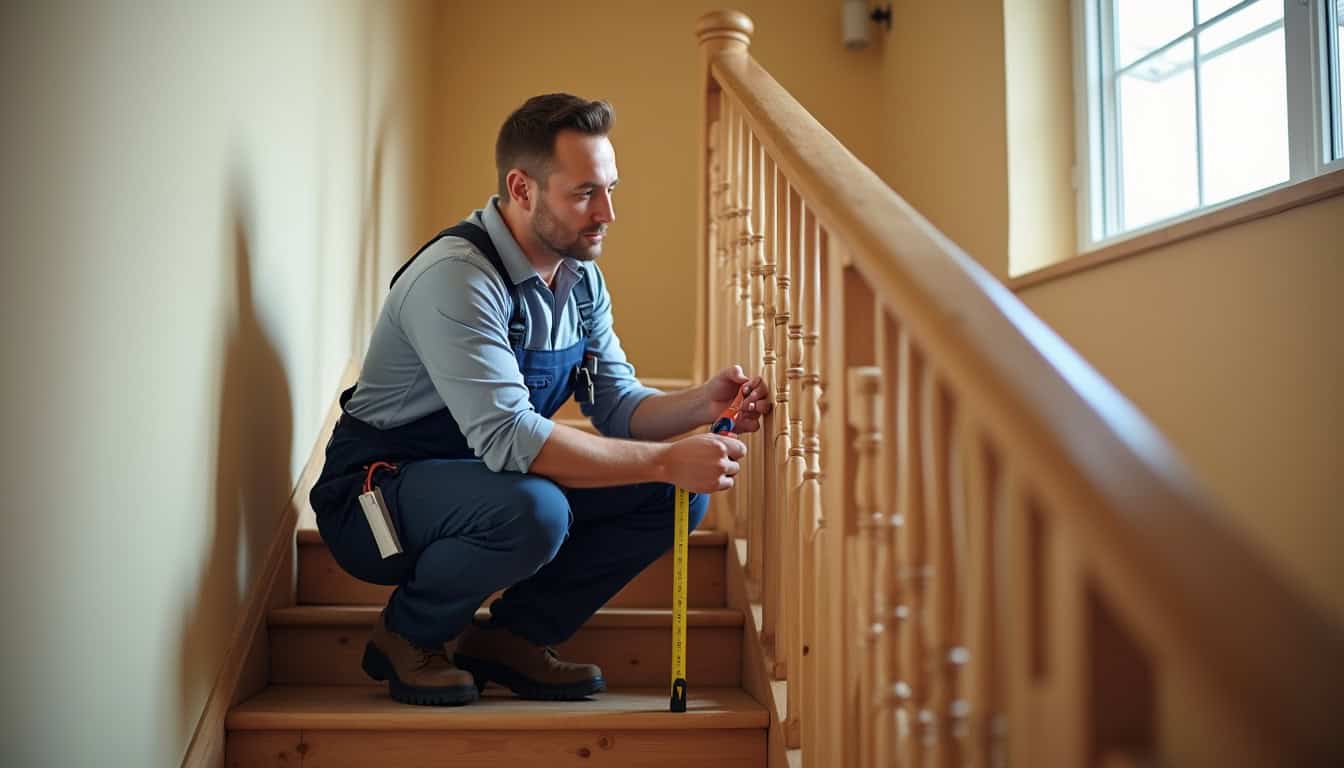 Un technicien en tenue de travail prenant des mesures sur un escalier pendant un devis à domicile