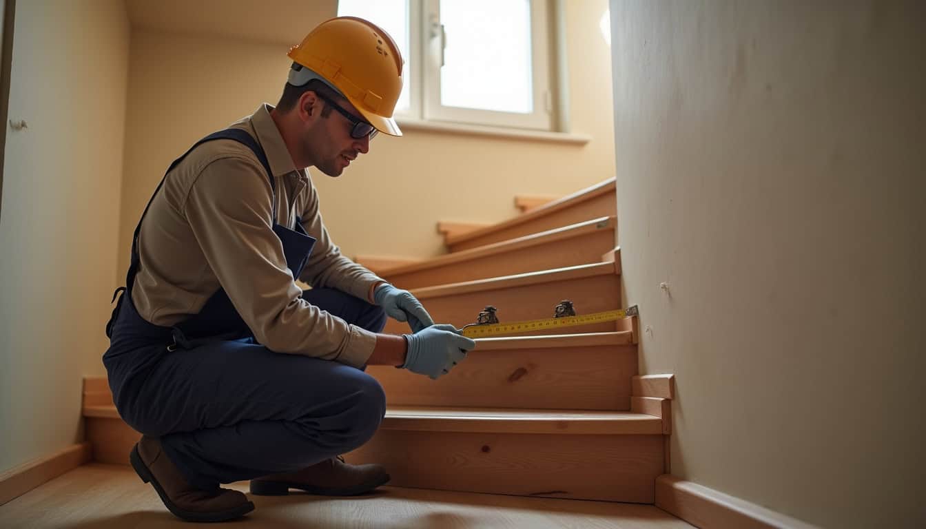 Un technicien en tenue professionnelle effectue une mesure sur un escalier à Rauzan