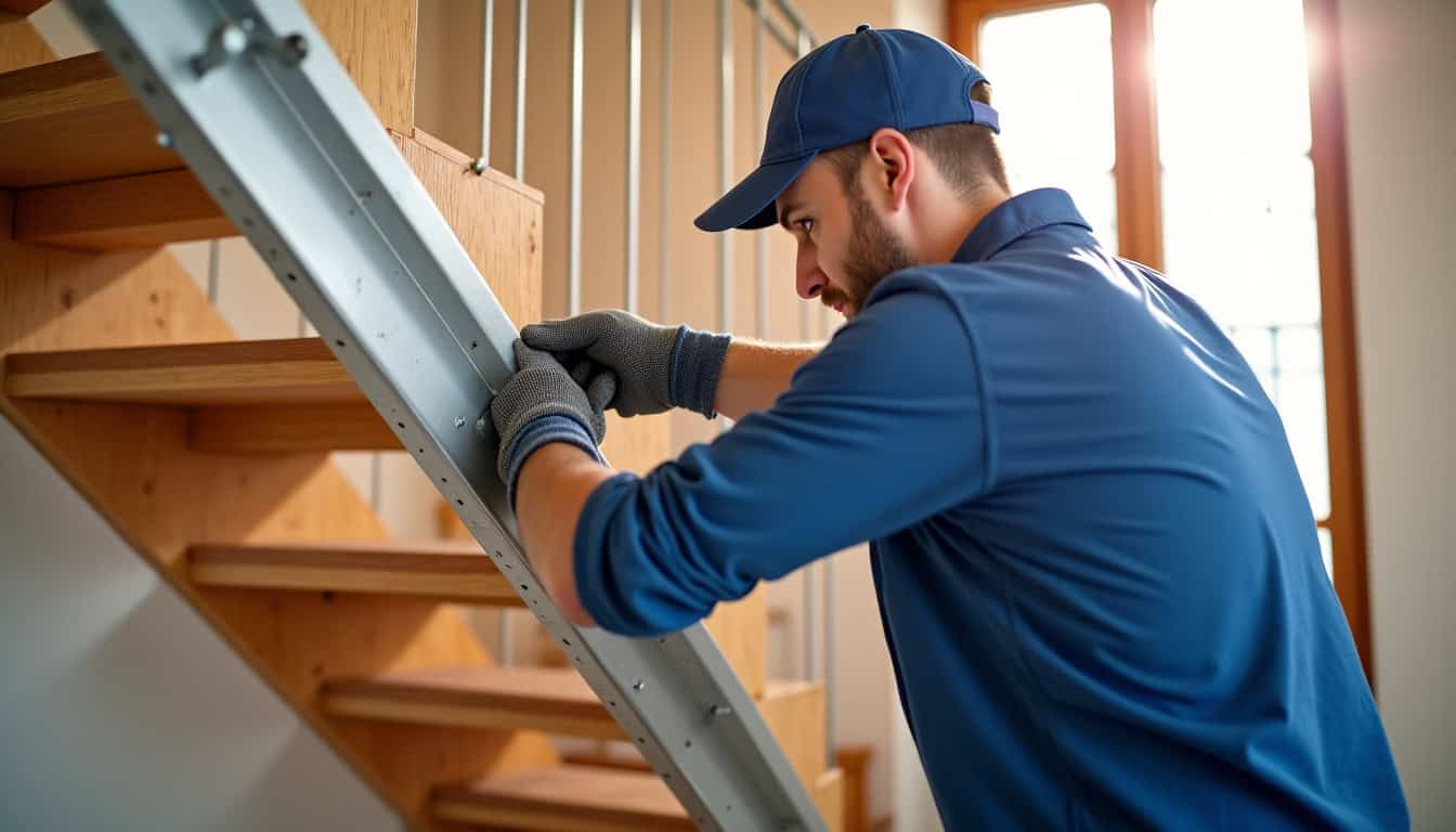 Un technicien en train de fixer un rail de monte-escalier à Grasse