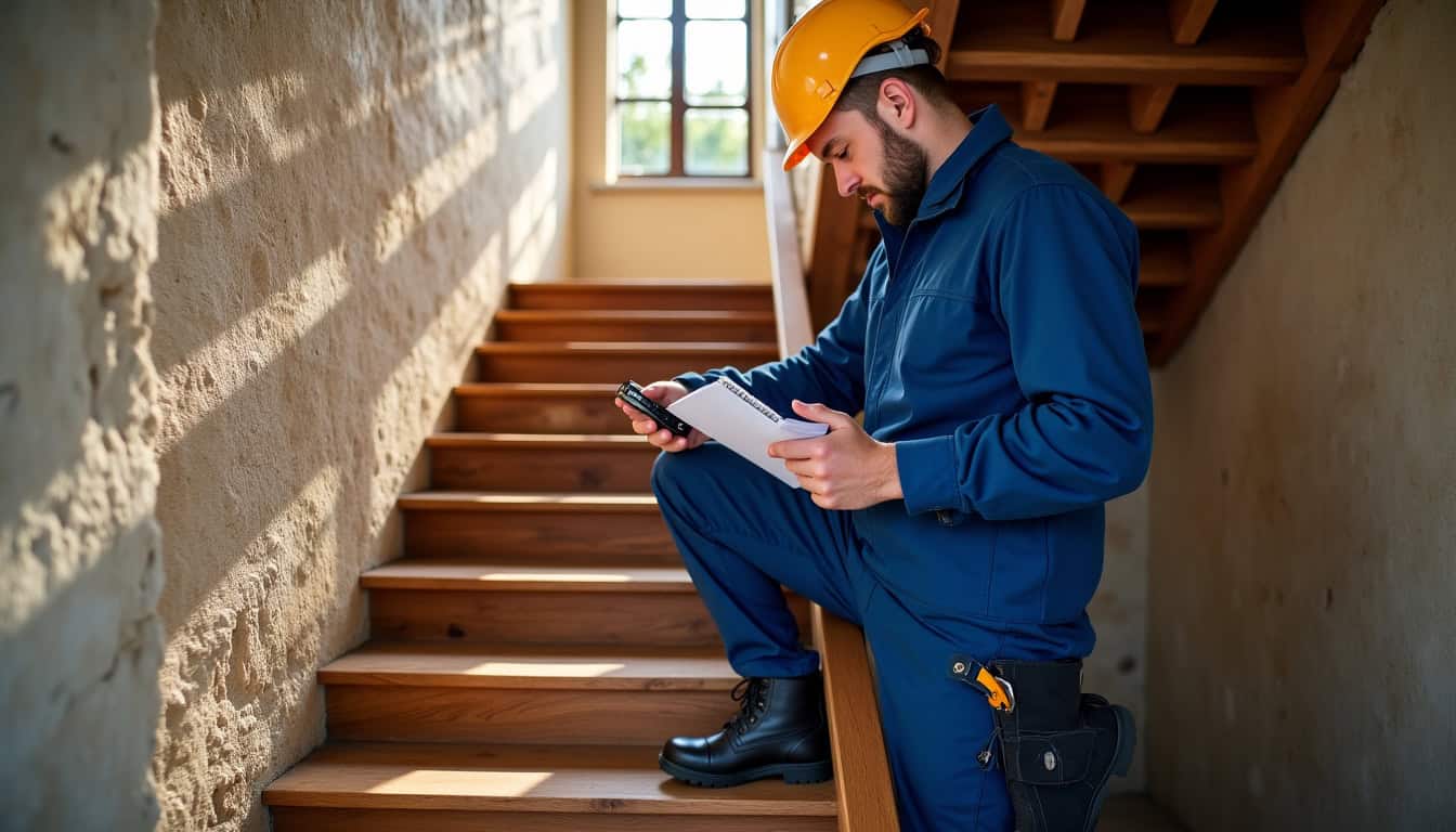 Un technicien en train de mesurer un escalier pour l’installation d’un monte-escalier à Périgueux