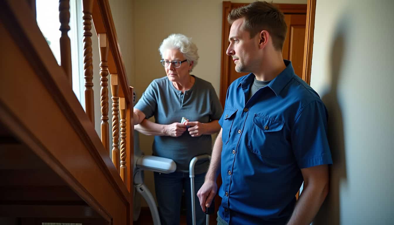 Un technicien en train d’expliquer le fonctionnement d’un monte-escalier à un client à Carling