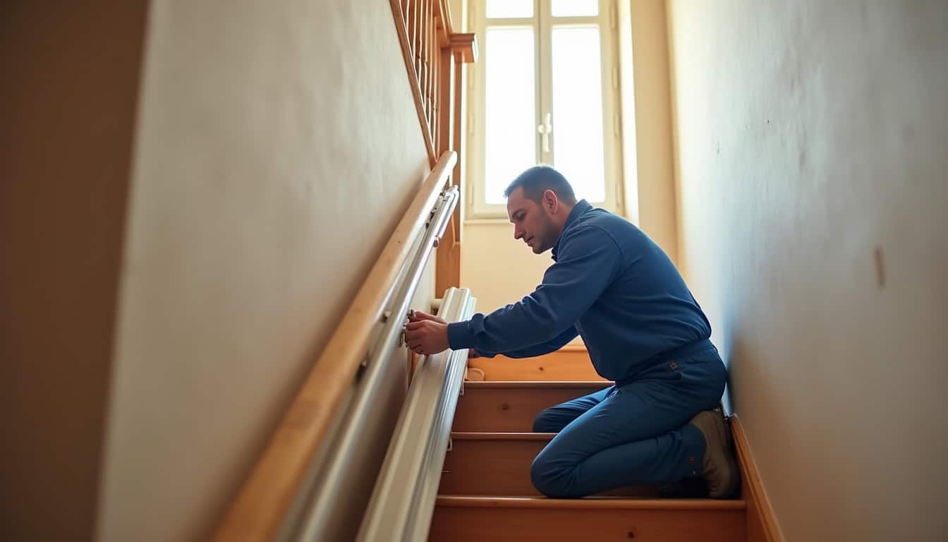Un technicien en train d’installer un monte-escalier dans une maison à La Flamengrie