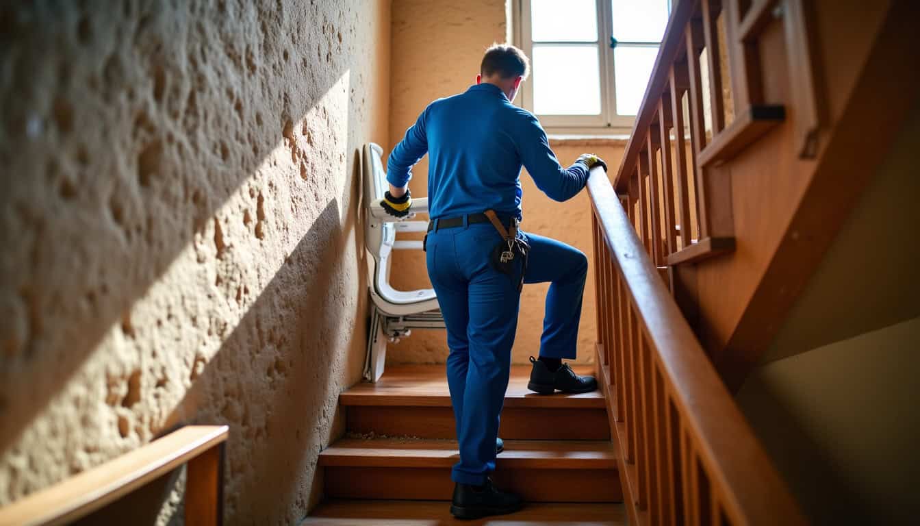 Un technicien en train d’installer un monte-escalier dans une maison ancienne de Bergerac