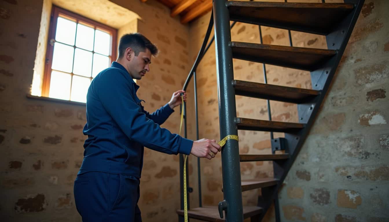 Un technicien en uniforme mesure un escalier en colimaçon dans une maison ancienne à Plouvorn