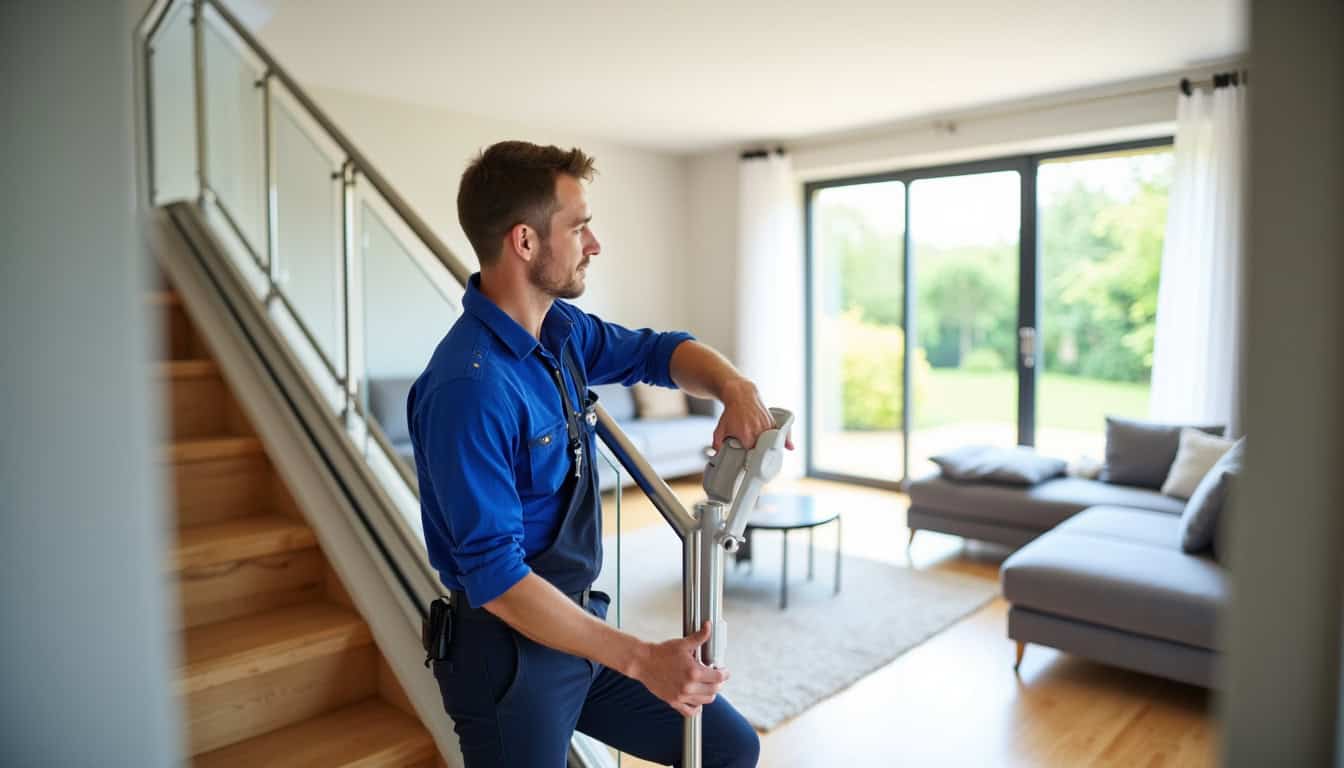 Un technicien en uniforme travaille sur un monte-escalier dans une maison de Villers-Pol