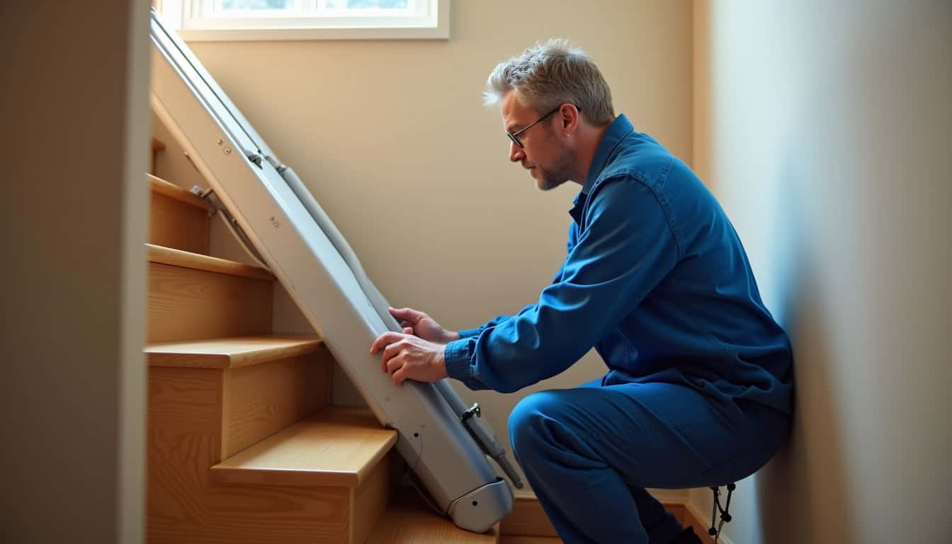 Un technicien inspecte un monte-escalier d