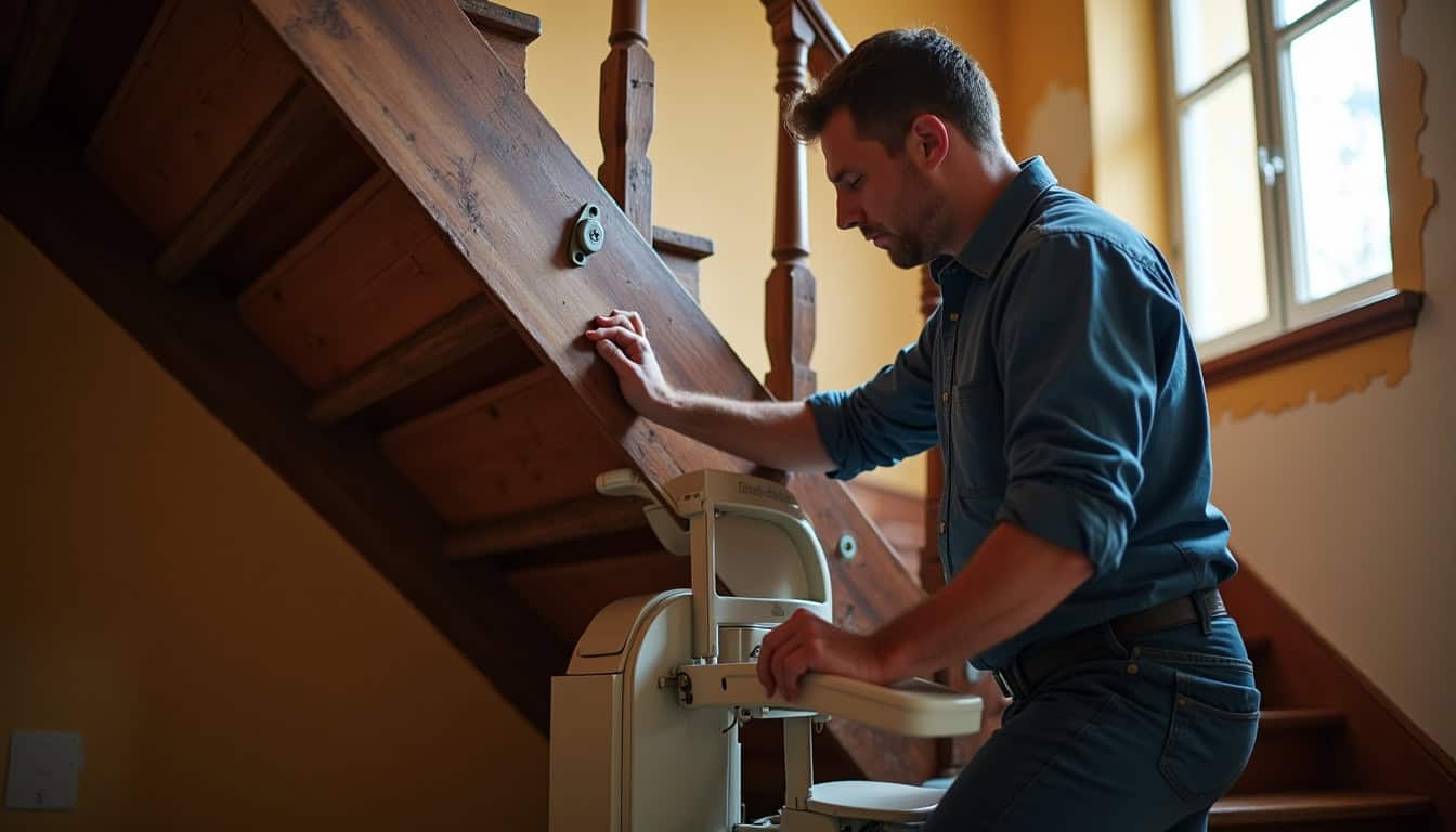 Un technicien installe un monte-escalier tournant dans une maison ancienne à Antigny