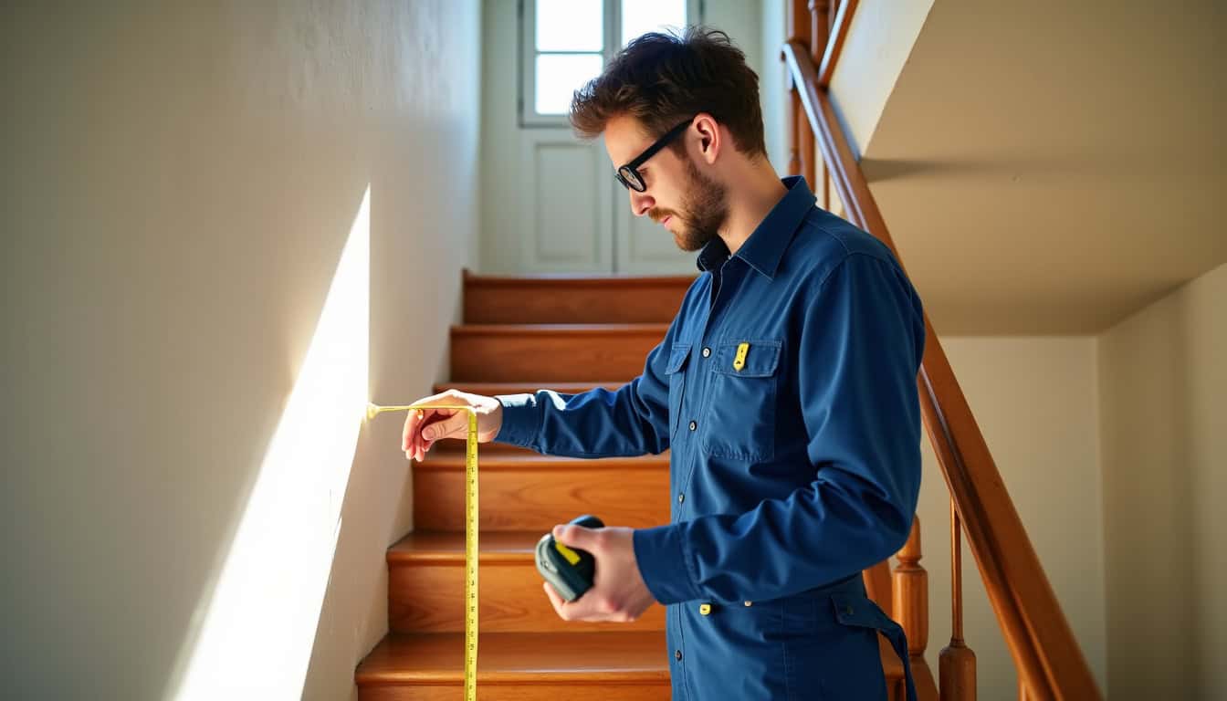 Un technicien mesure un escalier à Guérard pour un devis personnalisé
