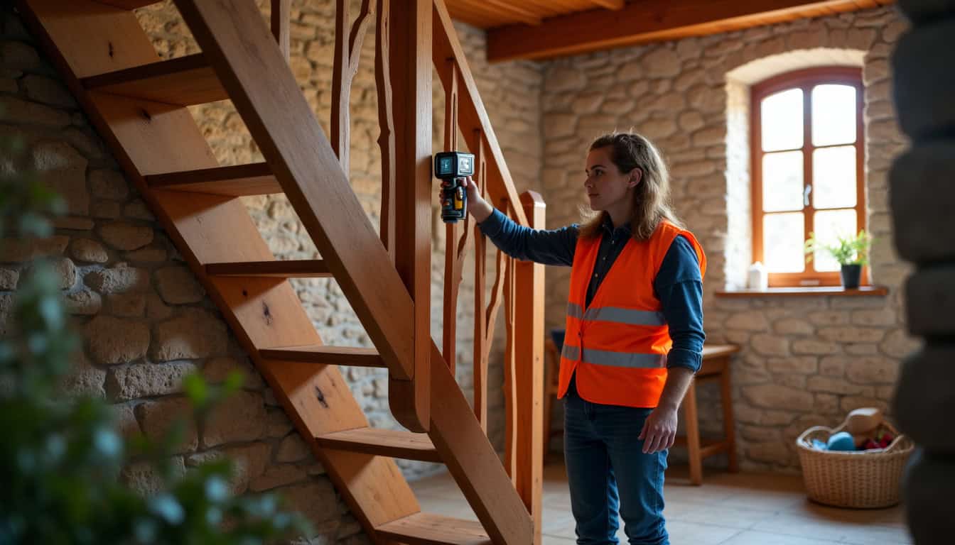 Un technicien mesure un escalier à Plounéour-Ménez pour une installation sur mesure