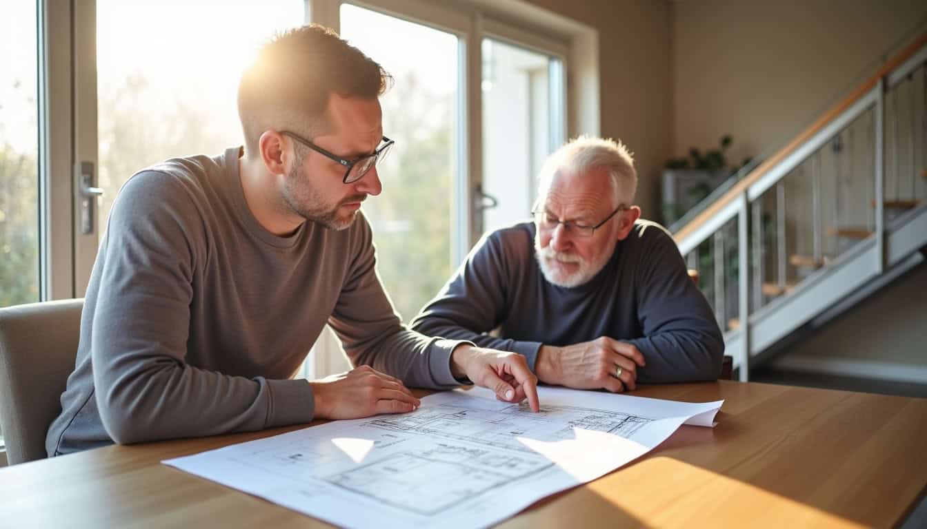 Un technicien montre un plan et discute avec un client à Saubusse lors d
