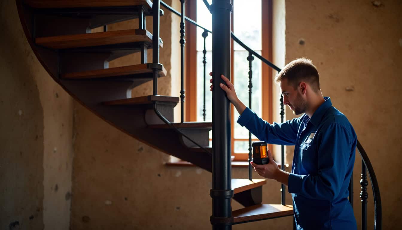 Un technicien prend des mesures précises sur un escalier en colimaçon à Wolfgantzen