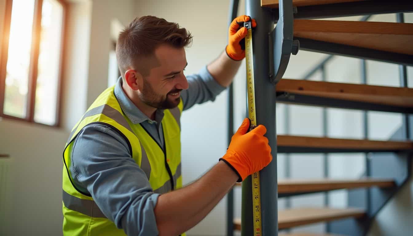 Un technicien prend des mesures sur un escalier en colimaçon avant installation