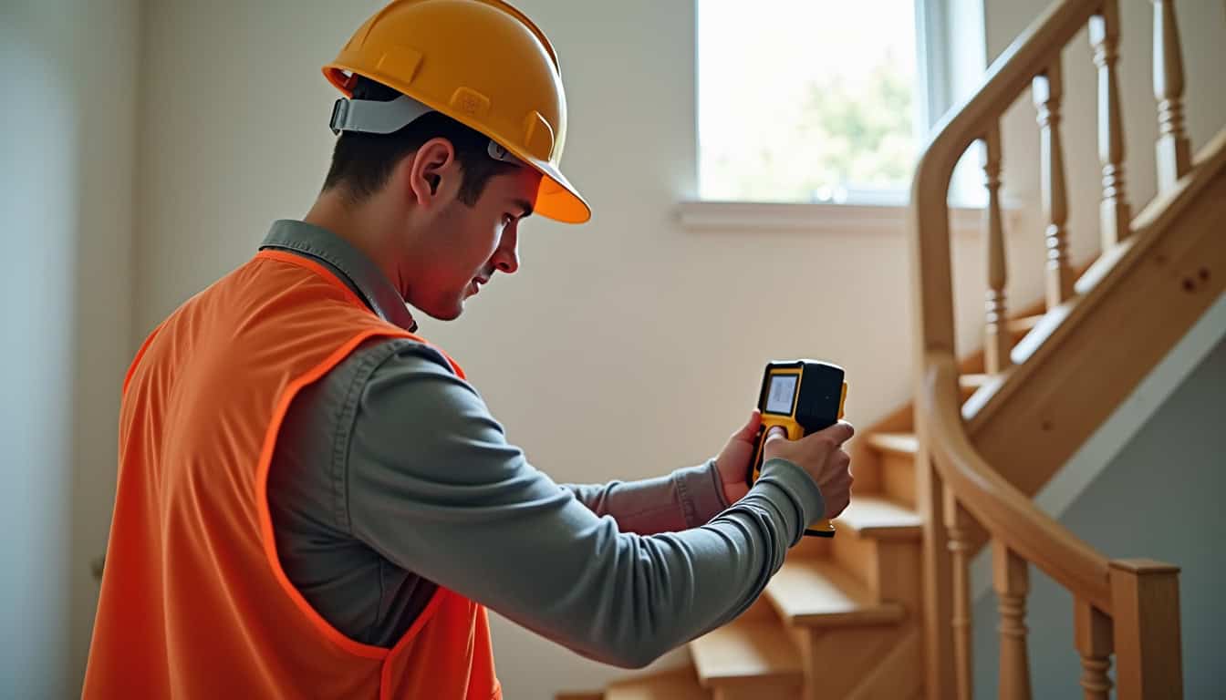 Un technicien professionnel prenant des mesures d’un escalier avec un outil de photométrie lors d’une visite technique