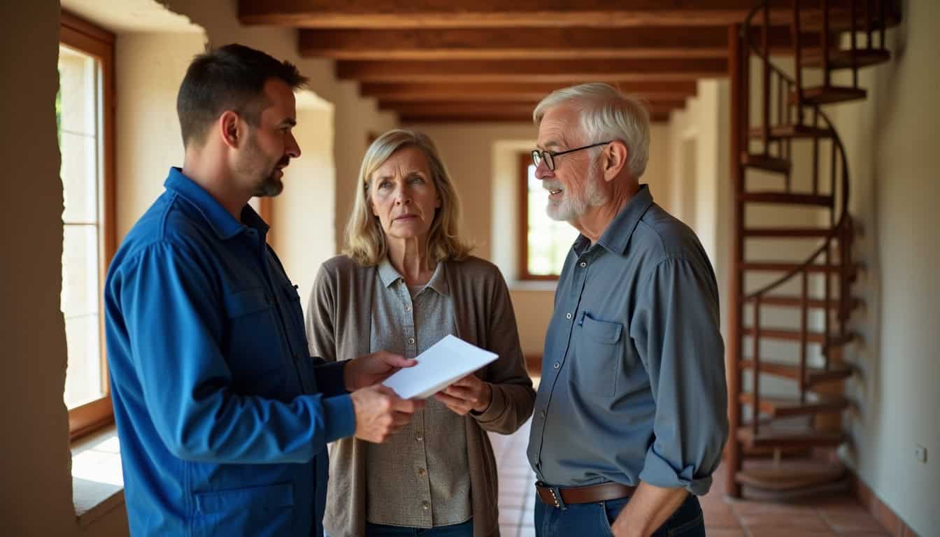 Un technicien remet un devis détaillé à un couple âgé dans une maison vendéenne