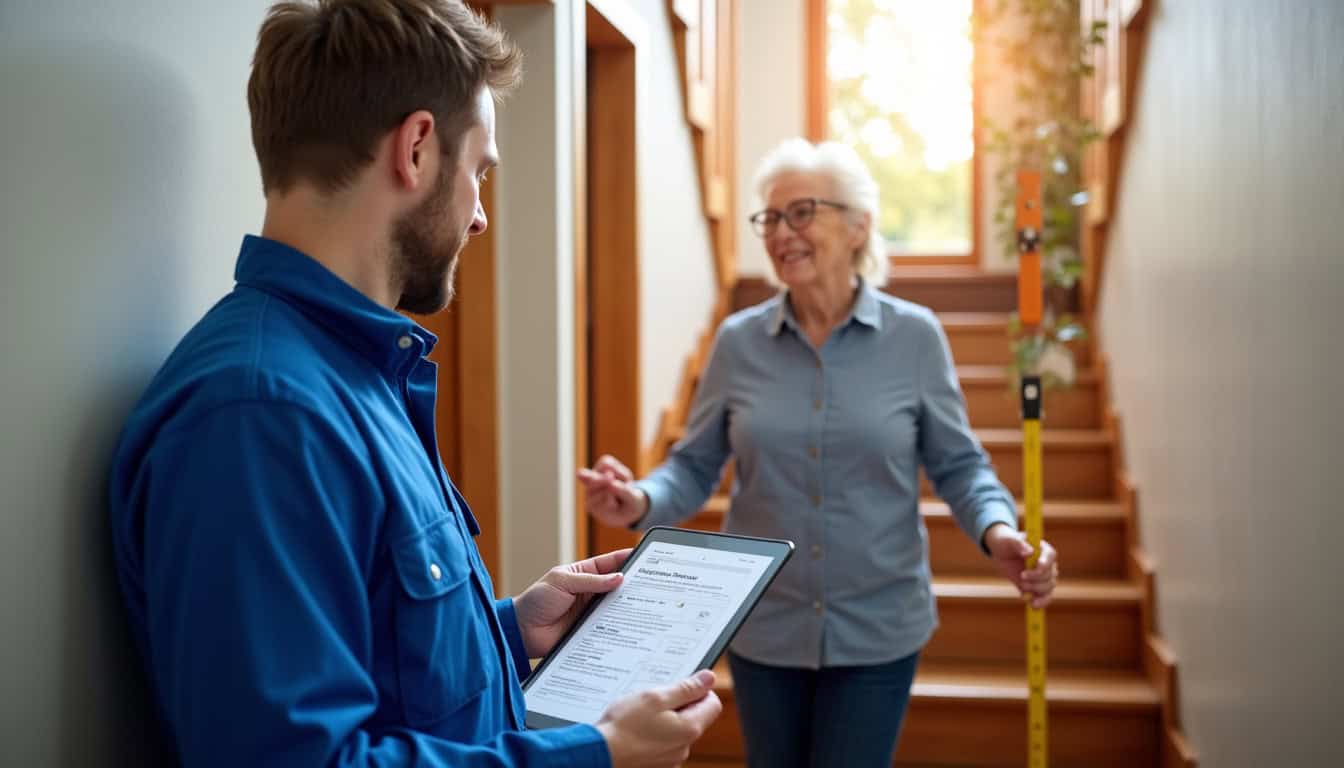 Un technicien remet un devis détaillé à un résident de La Pacaudière après inspection de l’escalier