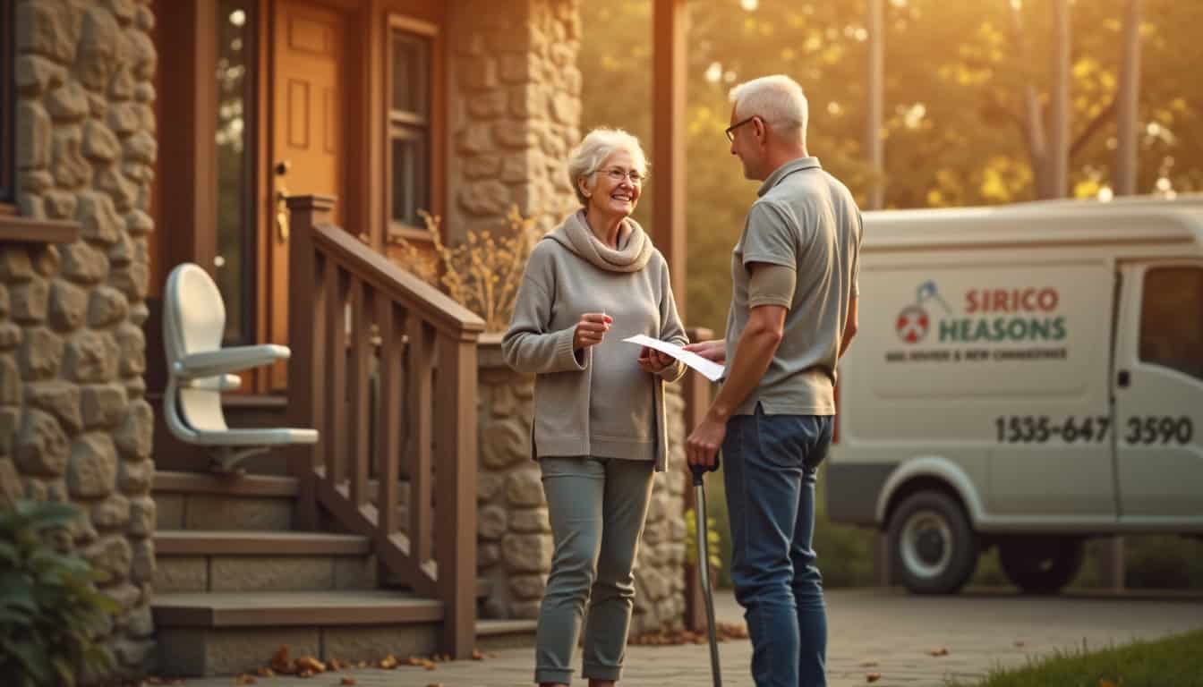 Un technicien remet un devis personnalisé à un couple âgé lors d