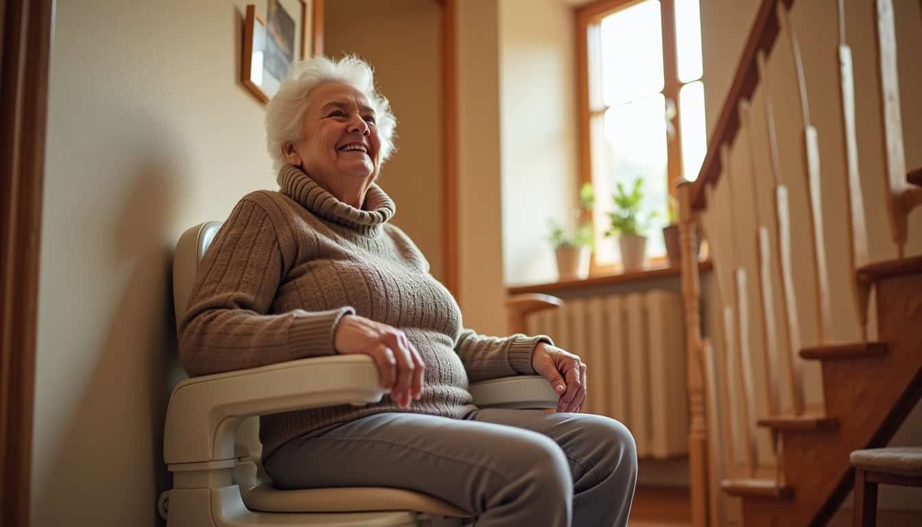 Une personne âgée utilisant son monte-escalier avec satisfaction dans son domicile de Romanswiller
