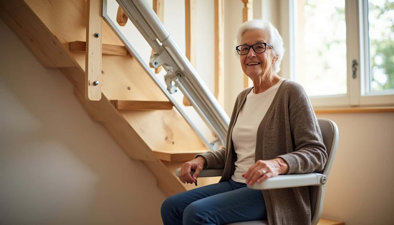 Une personne âgée utilisant un monte-escalier à Savonnières, assise confortablement sur le fauteuil en train de monter les marches
