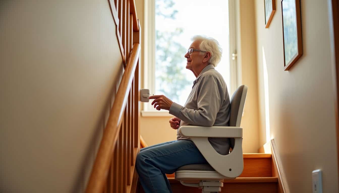 Une personne âgée utilisant un monte-escalier dans sa maison à Tocane-Saint-Apre, en toute sécurité et confort