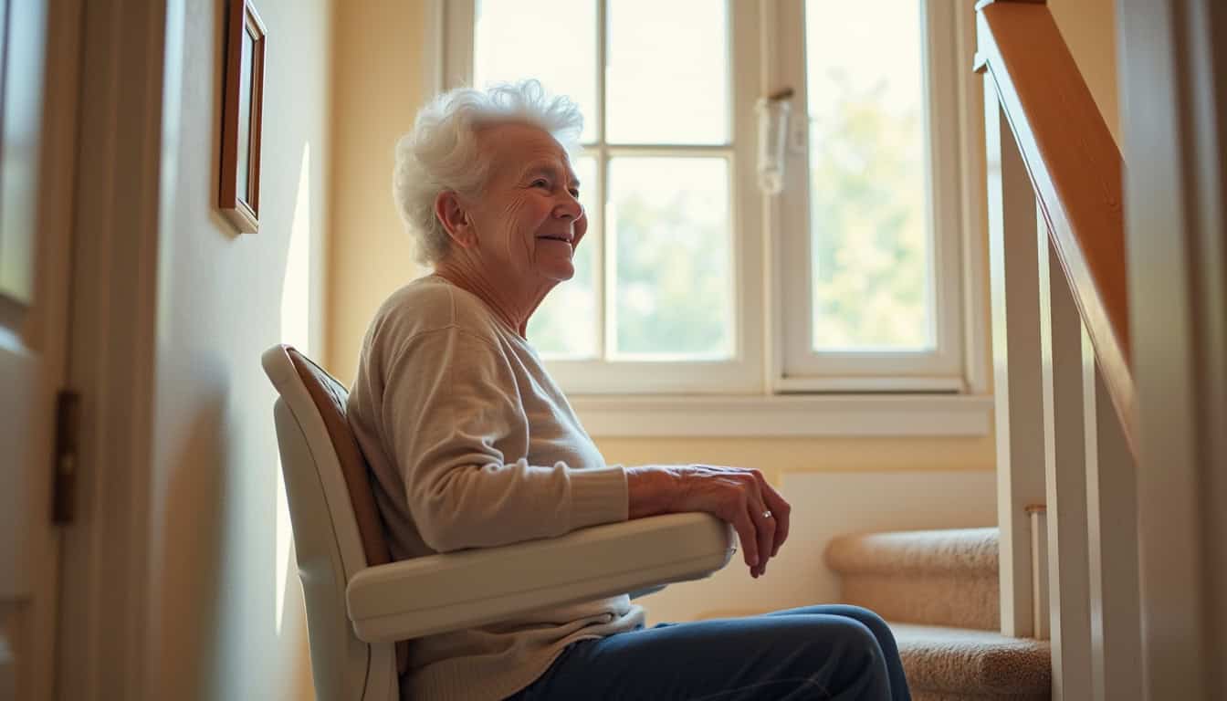 Une personne âgée utilisant un monte-escalier dans sa maison