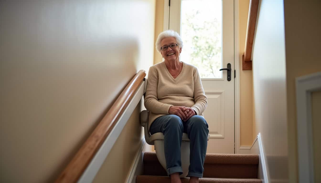 Une personne âgée utilise son monte-escalier à Redon, sourire aux lèvres