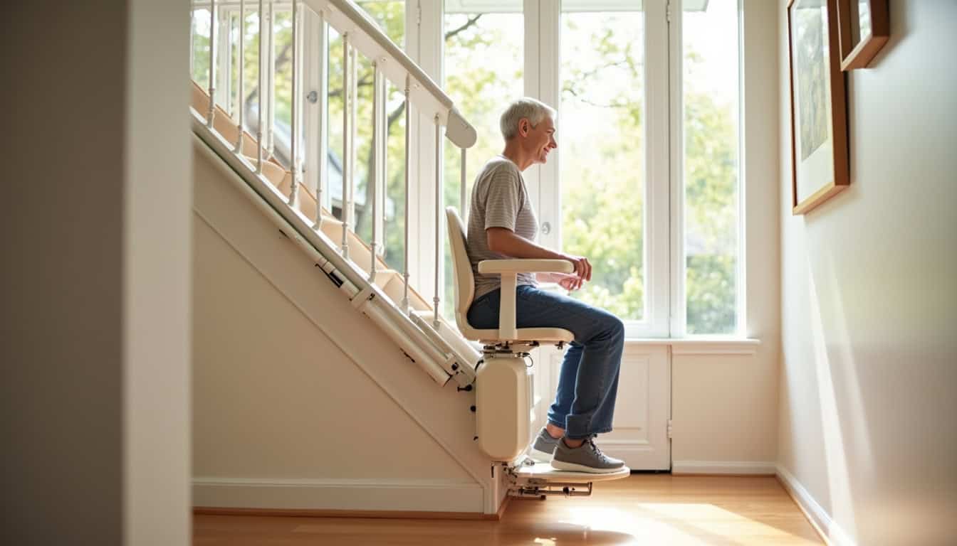 Une personne utilise un monte-escalier dans une maison, illustrant l