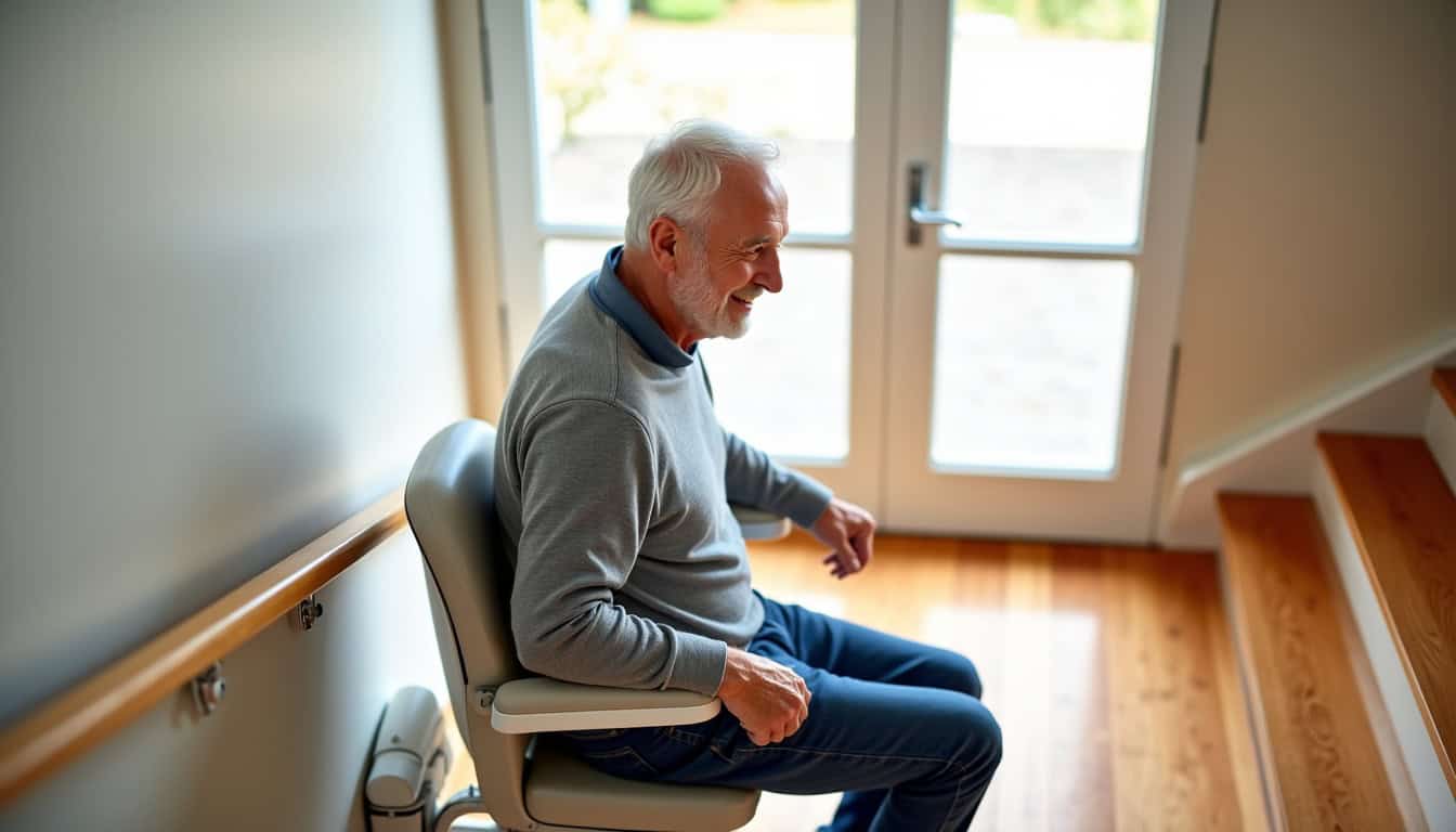 Utilisateur souriant utilisant un monte-escalier dans une maison à Tonquédec