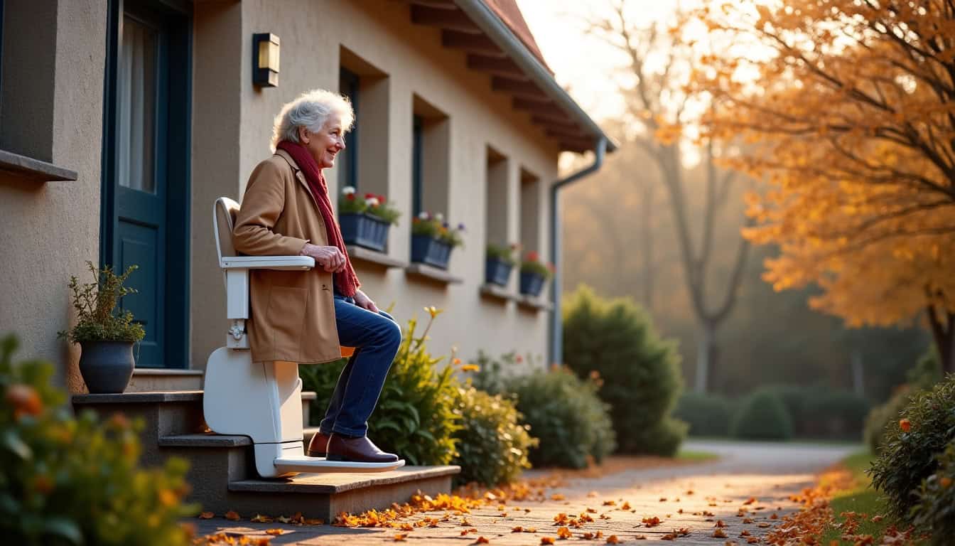 Utilisation d’un monte-escalier extérieur par une personne âgée à Bourguébus