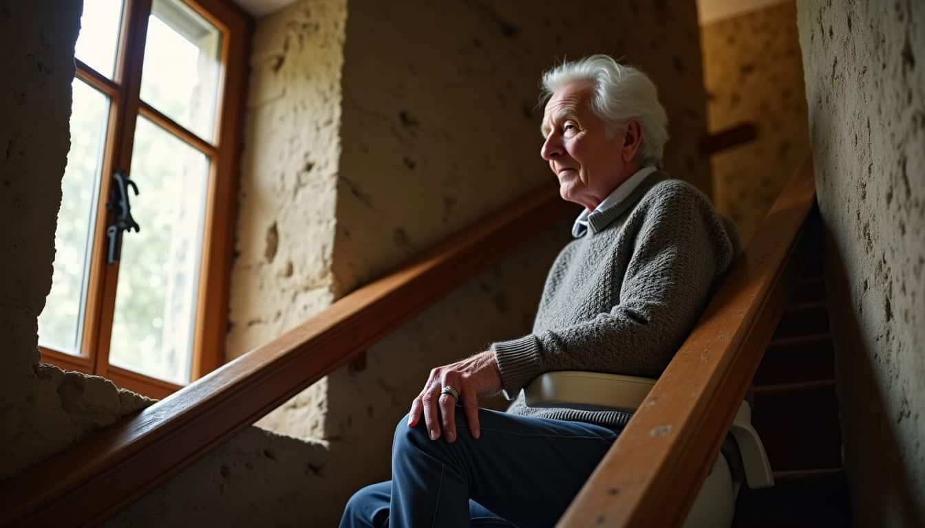 Utilisation d’un monte-escalier intérieur par un senior dans une maison ancienne
