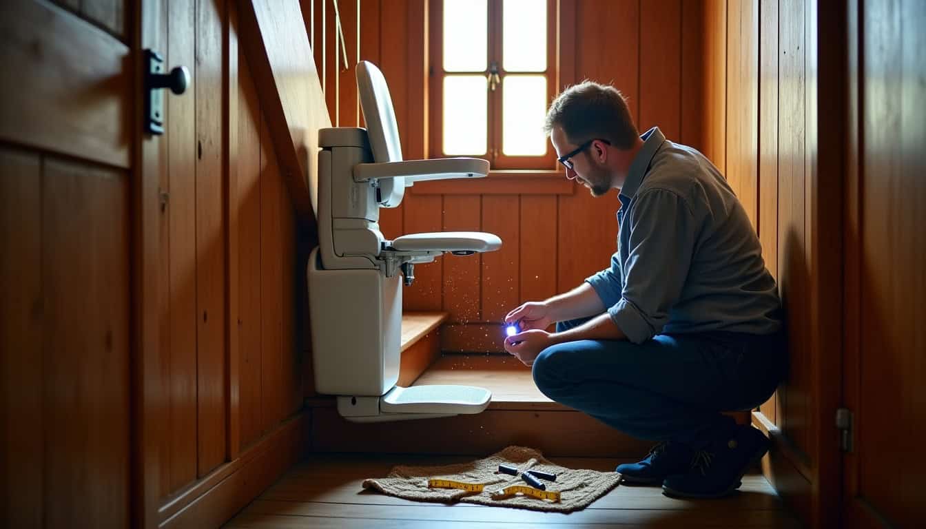 Vérification d’un monte-escalier d’occasion par un technicien à Monflanquin