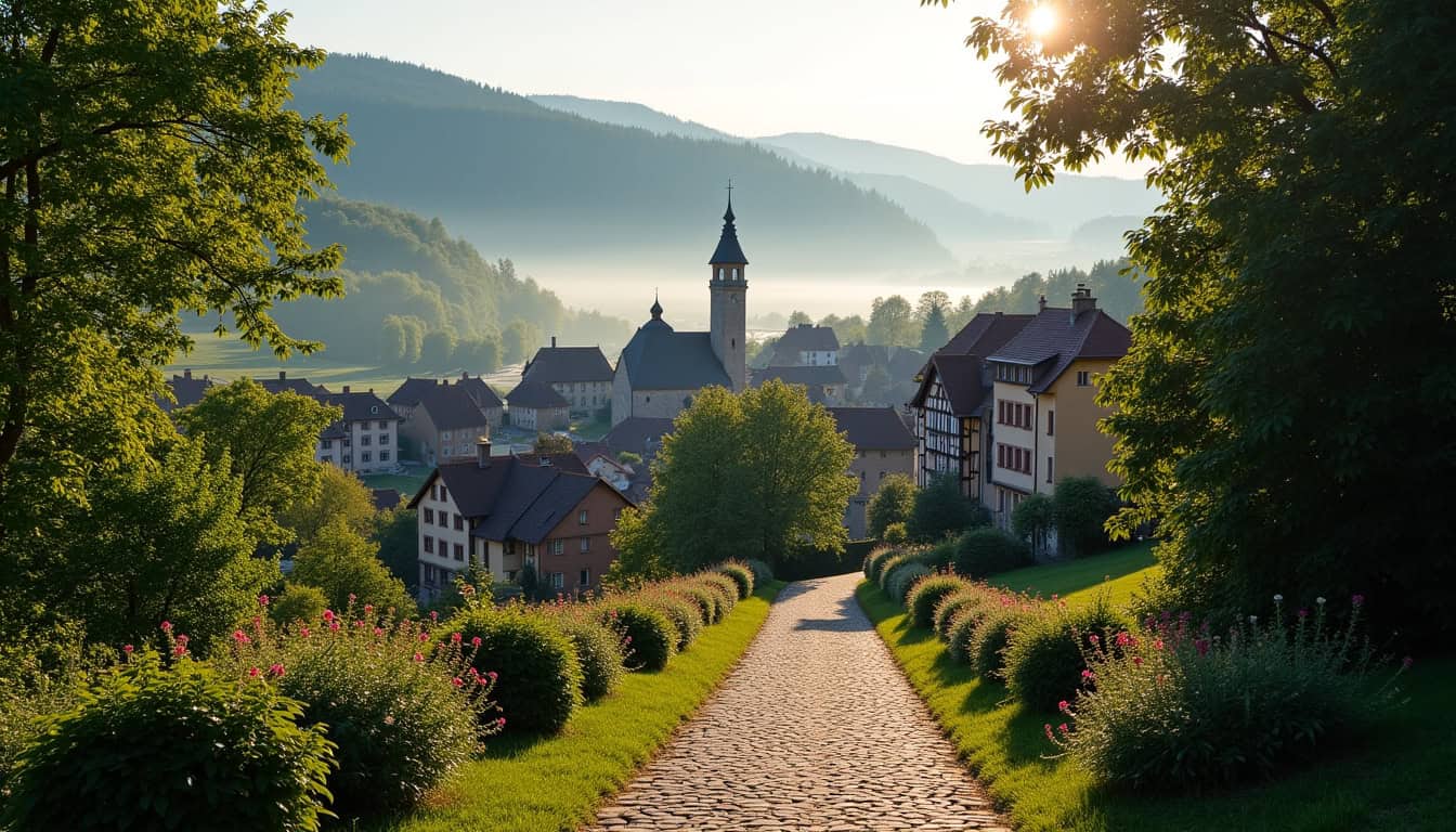 Vue de Lembach, commune du Bas-Rhin entourée de forêts et de montagnes