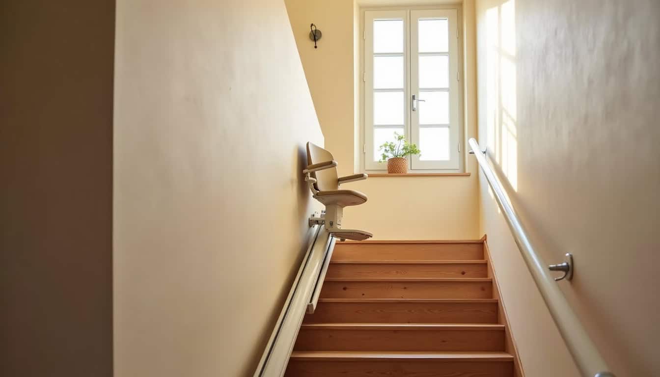 Vue d’ensemble d’un escalier intérieur à Corbonod avec un monte-escalier installé, montrant l’intégration dans le décor