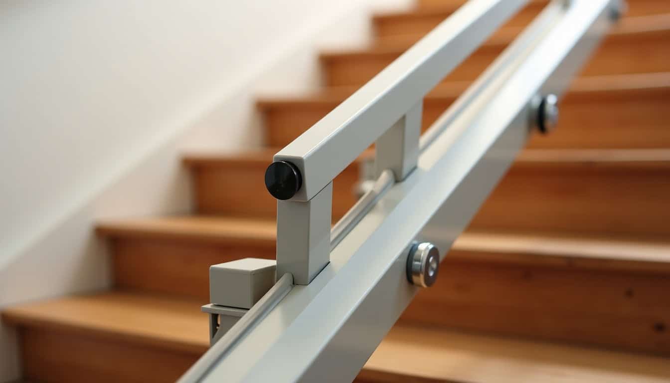Vue détaillée d’un rail de monte-escalier en cours d’installation sur un escalier droit