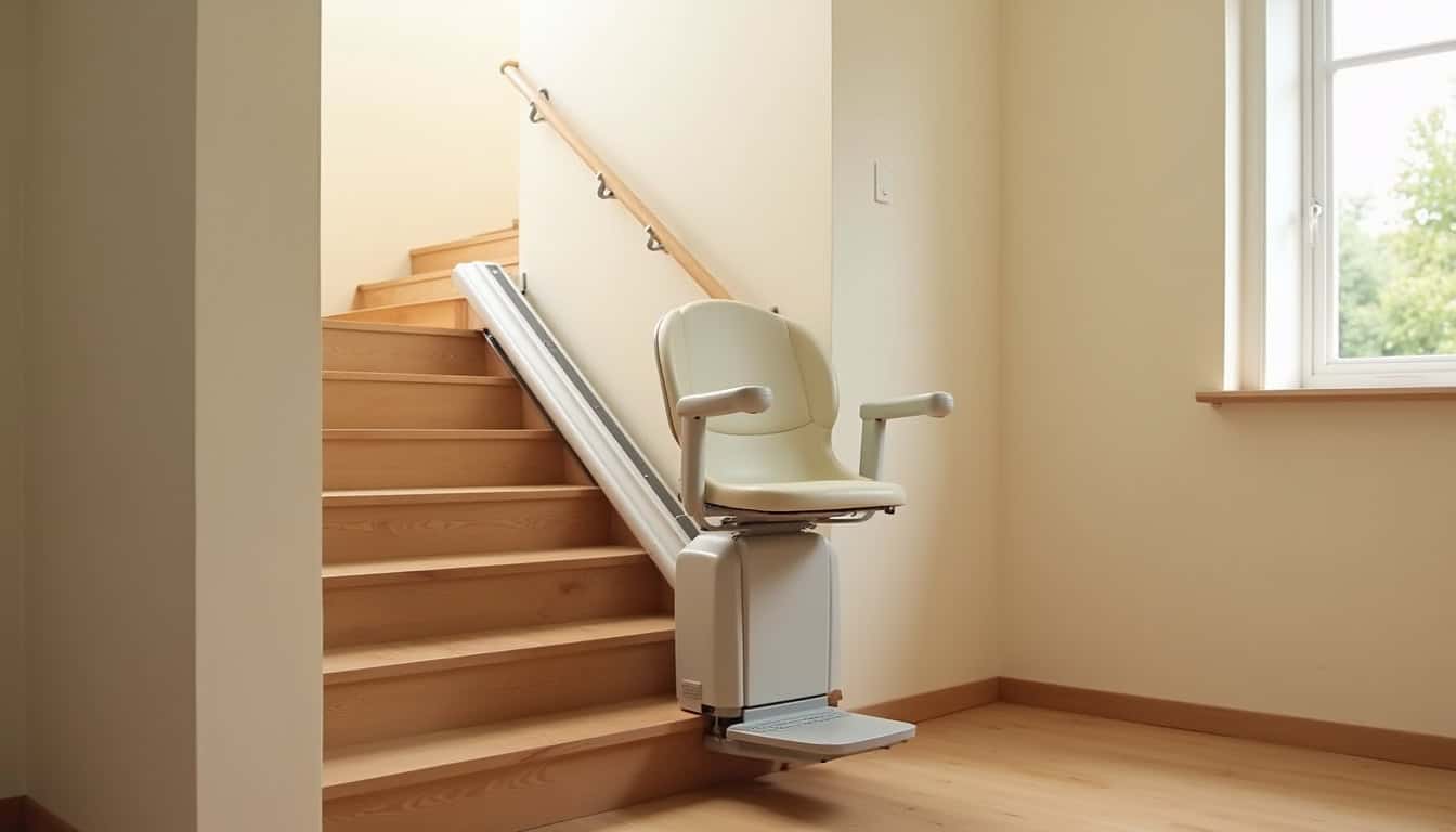 Vue d’intérieur d’un monte-escalier installé dans une maison, montrant le siège replié contre le mur